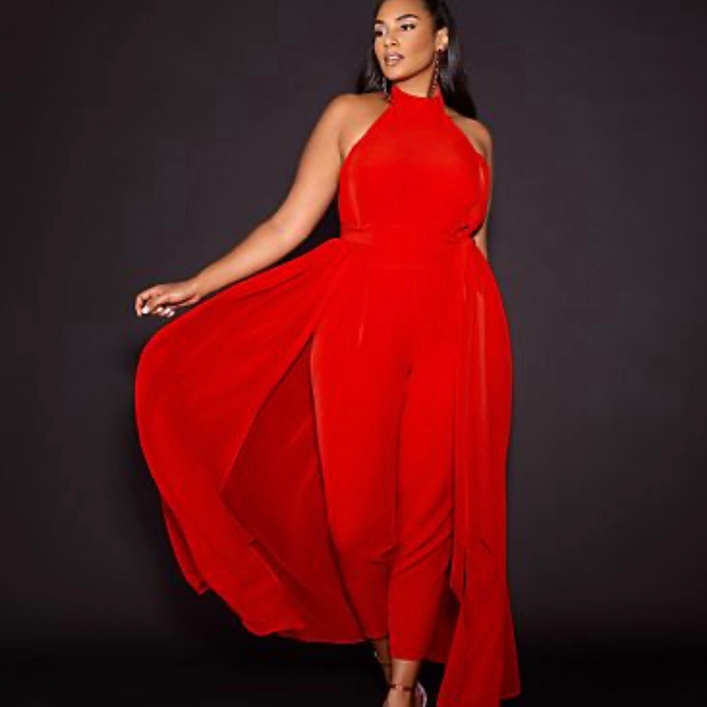 Red Halter Jumpsuit with Draped Overlay